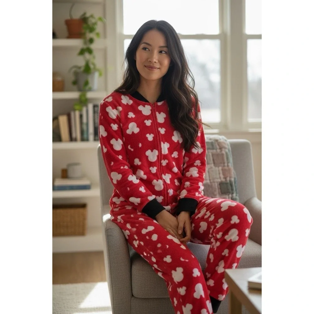 Adult Small Disney‎ Party Park Mickey Minnie Mouse One Piece Pajamas Footed PJ S - Picture 8 of 16
